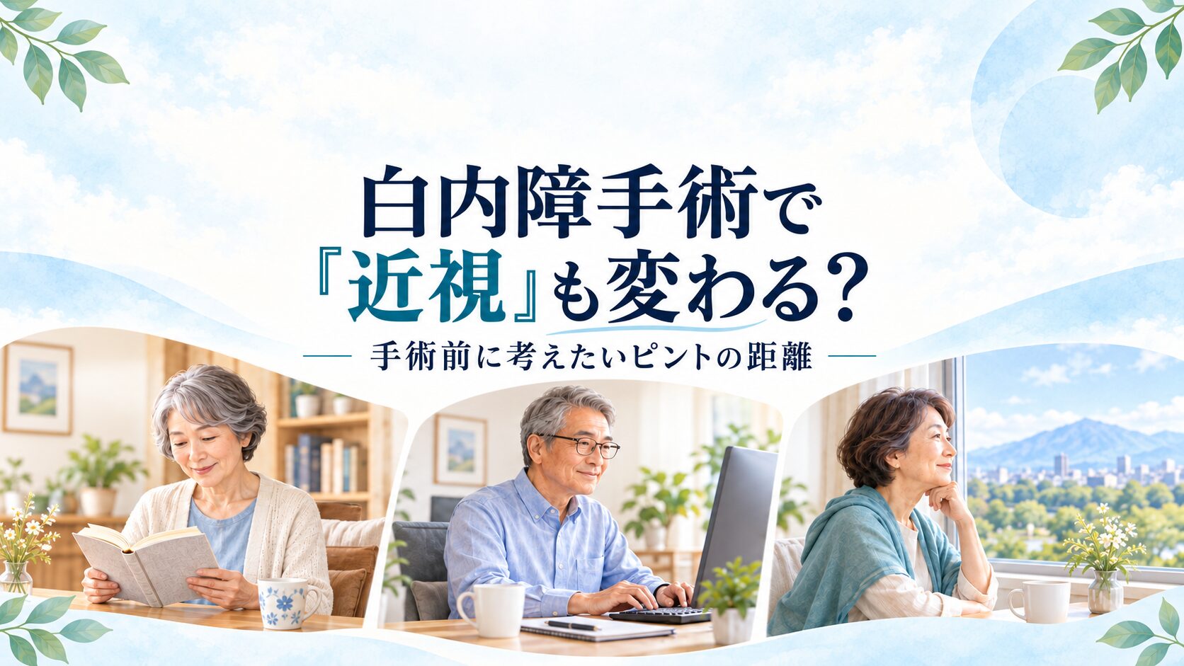 白内障手術で「近視」も変わる?手術前に考えたいピントの距離。読書・パソコン・遠くを見る生活場面のイメージ。