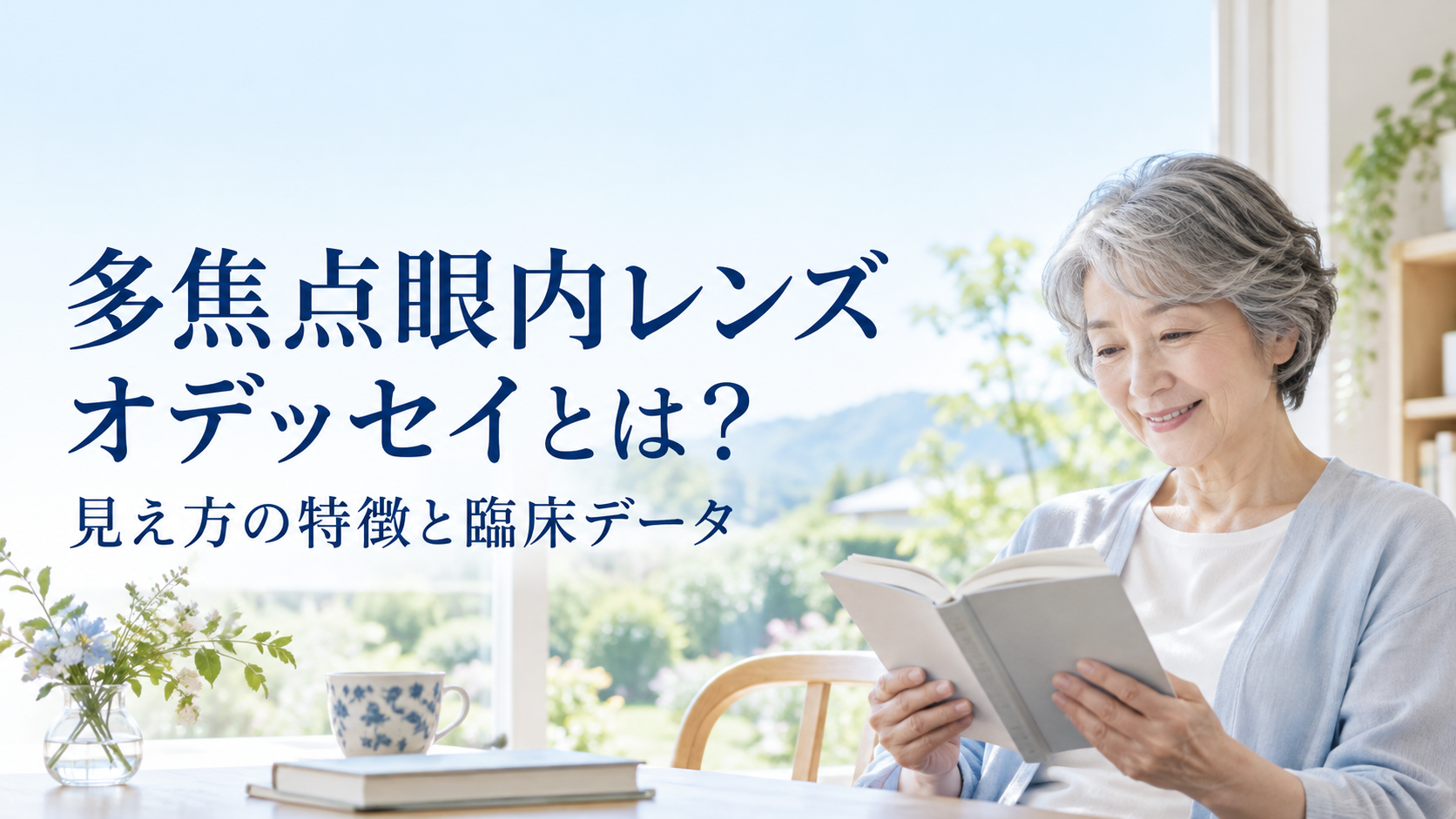 多焦点眼内レンズ「オデッセイ」の見え方の特徴と臨床データを紹介する記事。読書をする女性のAIイメージ。